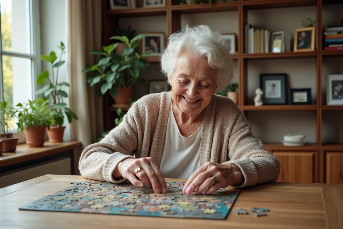 Seniore souriante jouant au puzzle dans un salon lumineux