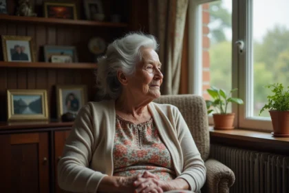 Femme âgée de 110 ans regardant par la fenêtre