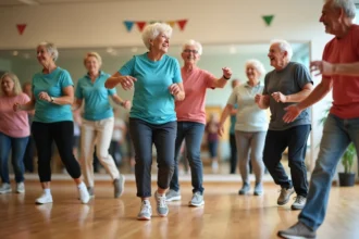Groupe de seniors dansant joyeusement en centre communautaire