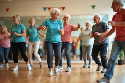 Groupe de seniors dansant joyeusement en centre communautaire