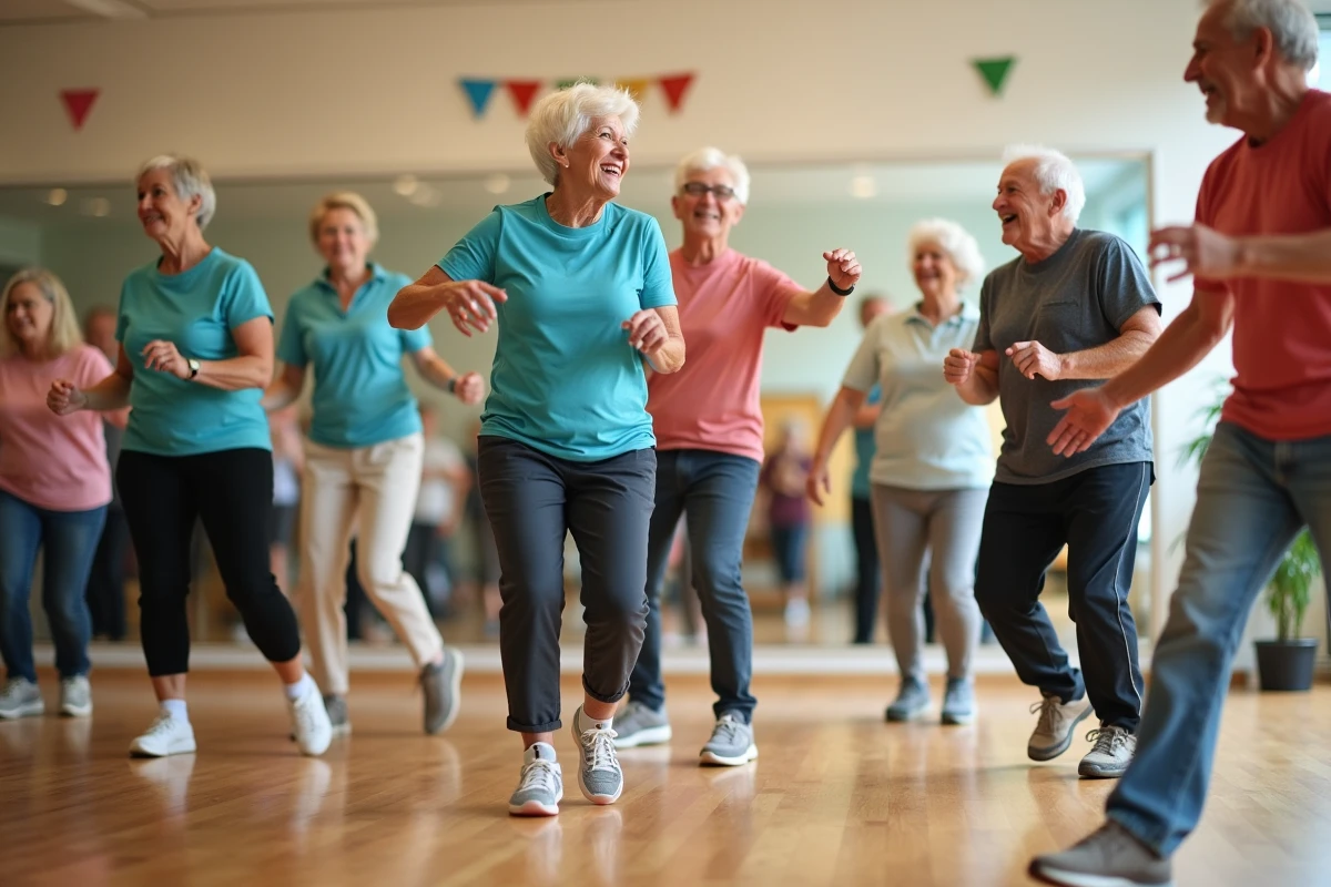 Groupe de seniors dansant joyeusement en centre communautaire