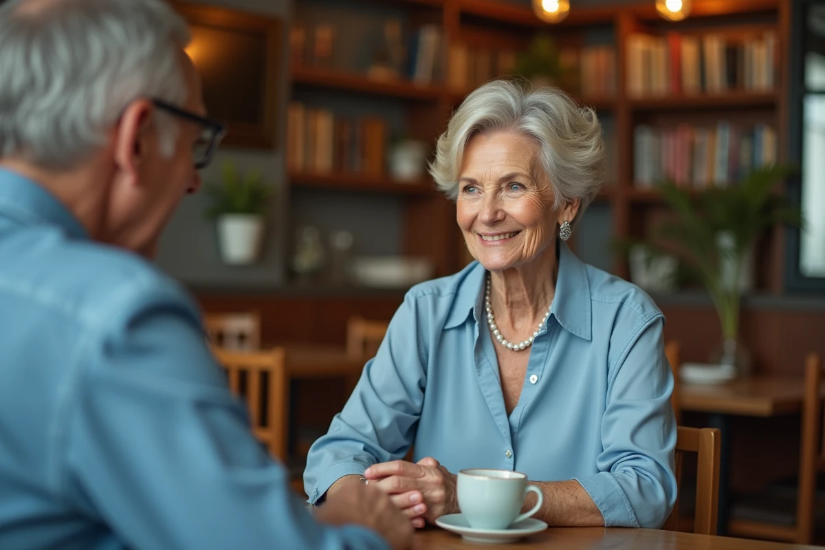 Femme d'environ 65 à 70 ans exprimant une intention relationnelle sincère par son sourire naturel et son regard attentif lors d'une rencontre en tête-à-tête dans un café
