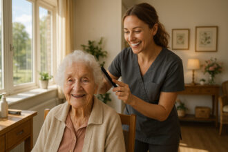 Femme âgée coiffée par une coiffeuse dans un salon lumineux