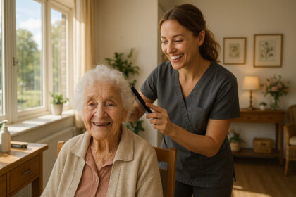 Femme âgée coiffée par une coiffeuse dans un salon lumineux