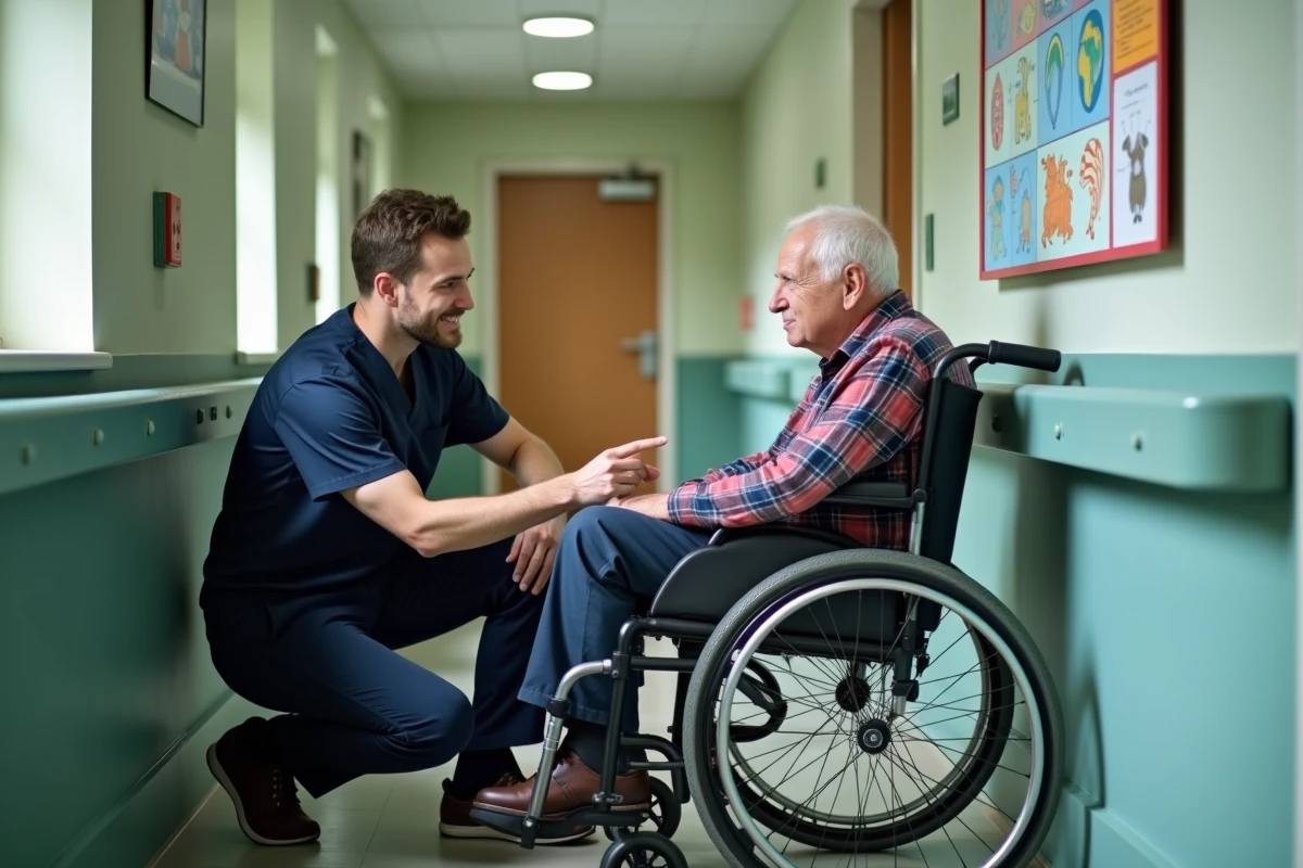 Soignant accompagnant un résident en fauteuil roulant atteint de la maladie d'Alzheimer dans le couloir d'une unité spécialisée EHPAD