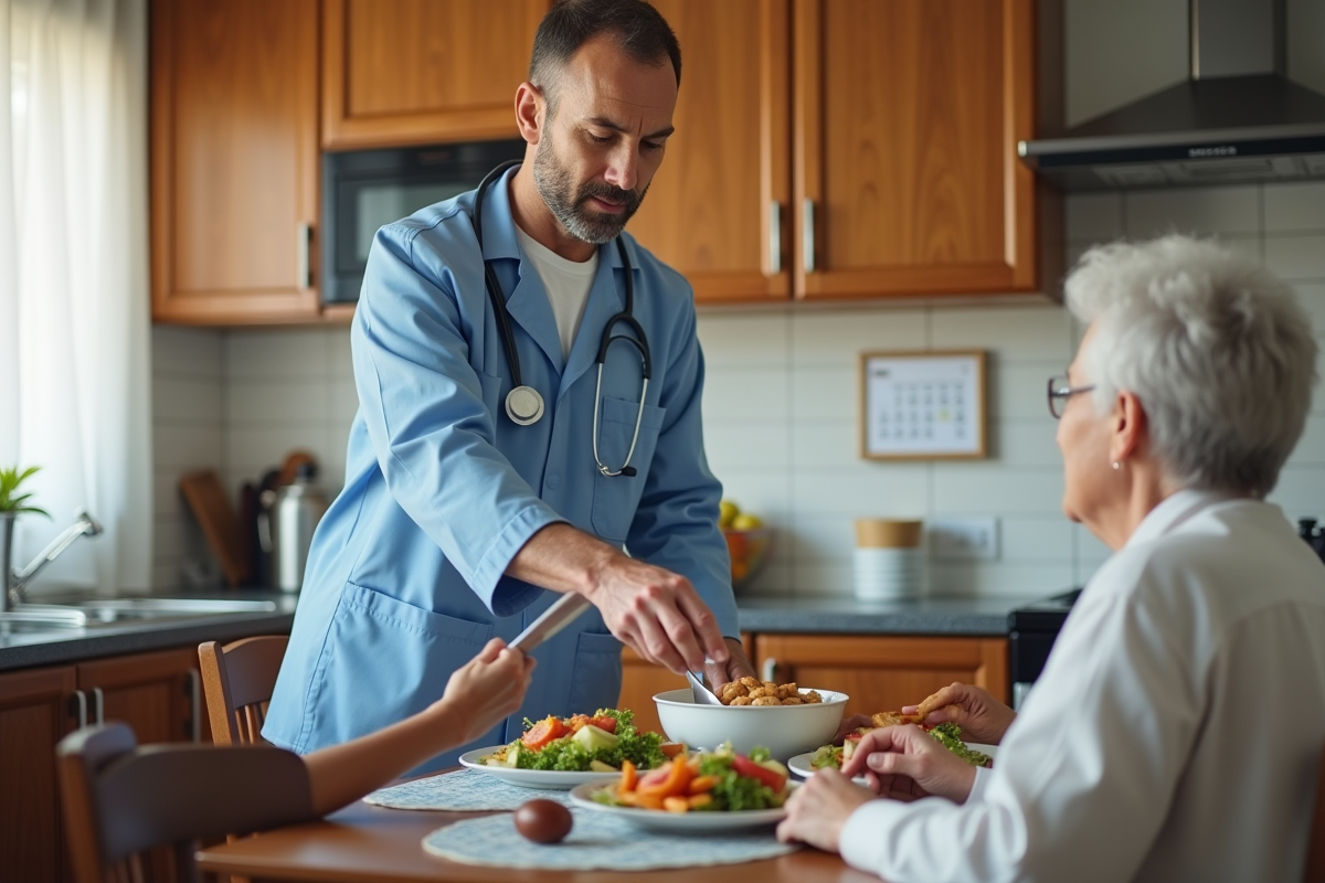 Professionnel de santé servant un repas à un couple âgé dans la cuisine