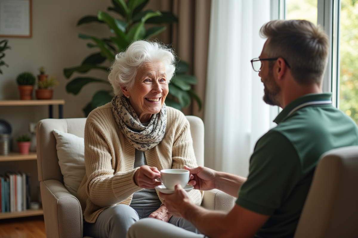 Femme agee recevant un thé dans un salon lumineux