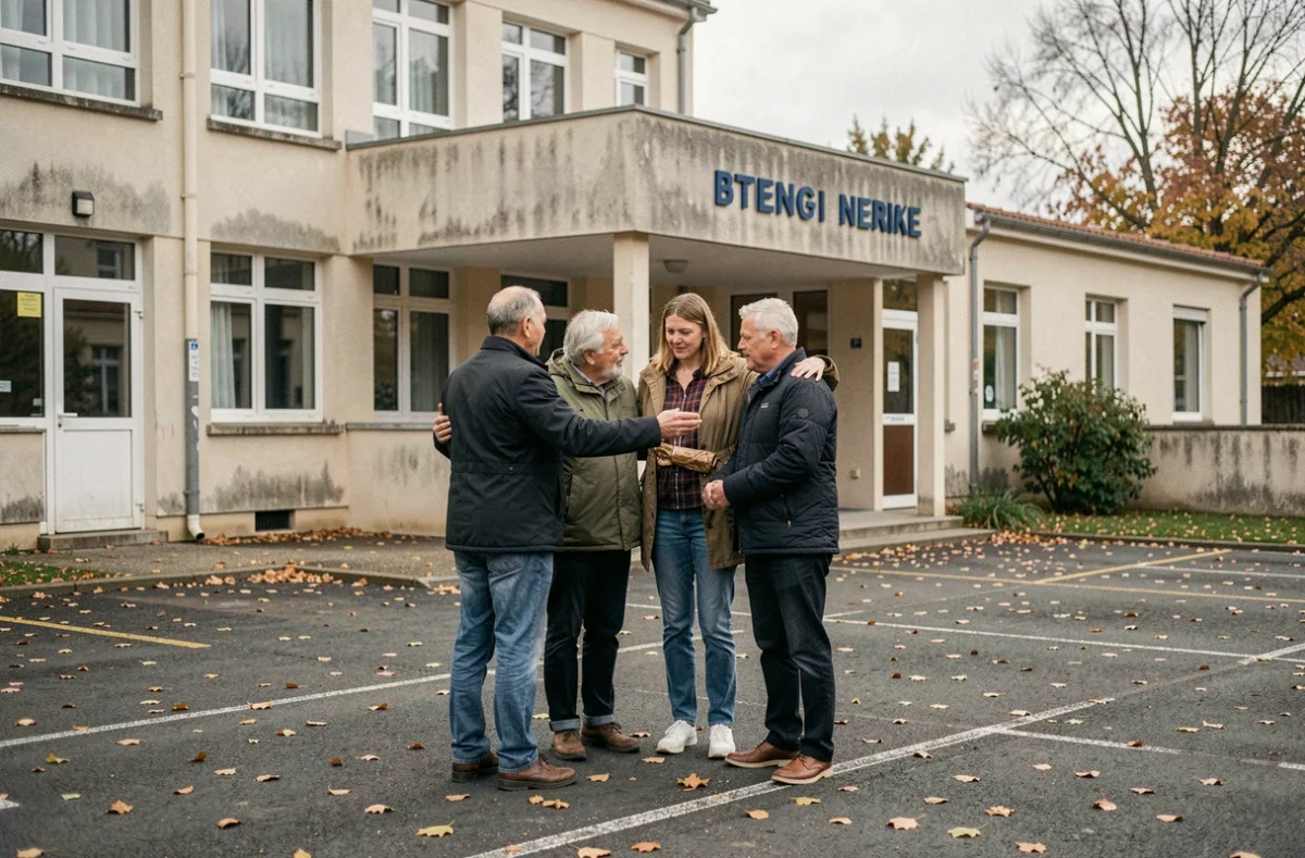 Groupe de résidents rassemblés devant une école de Savigny-le-Temple en signe de solidarité après le drame