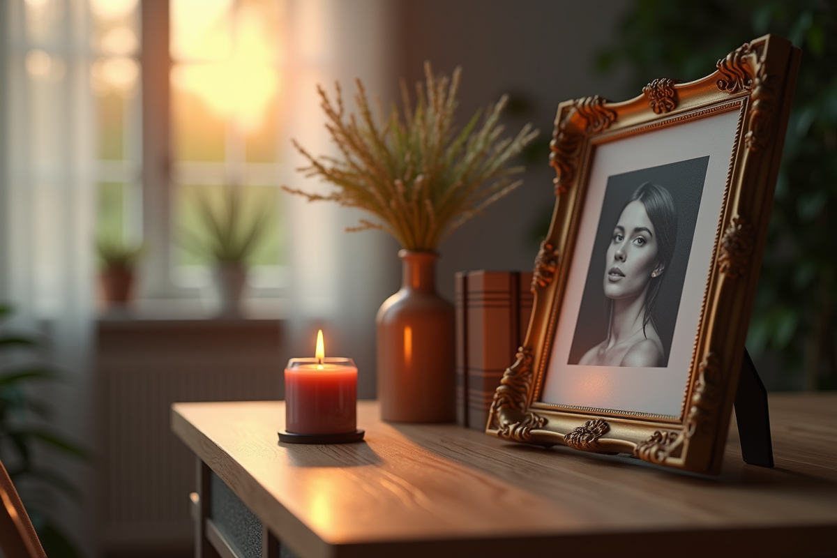 Portrait en noir et blanc avec bougie et souvenir sur la table