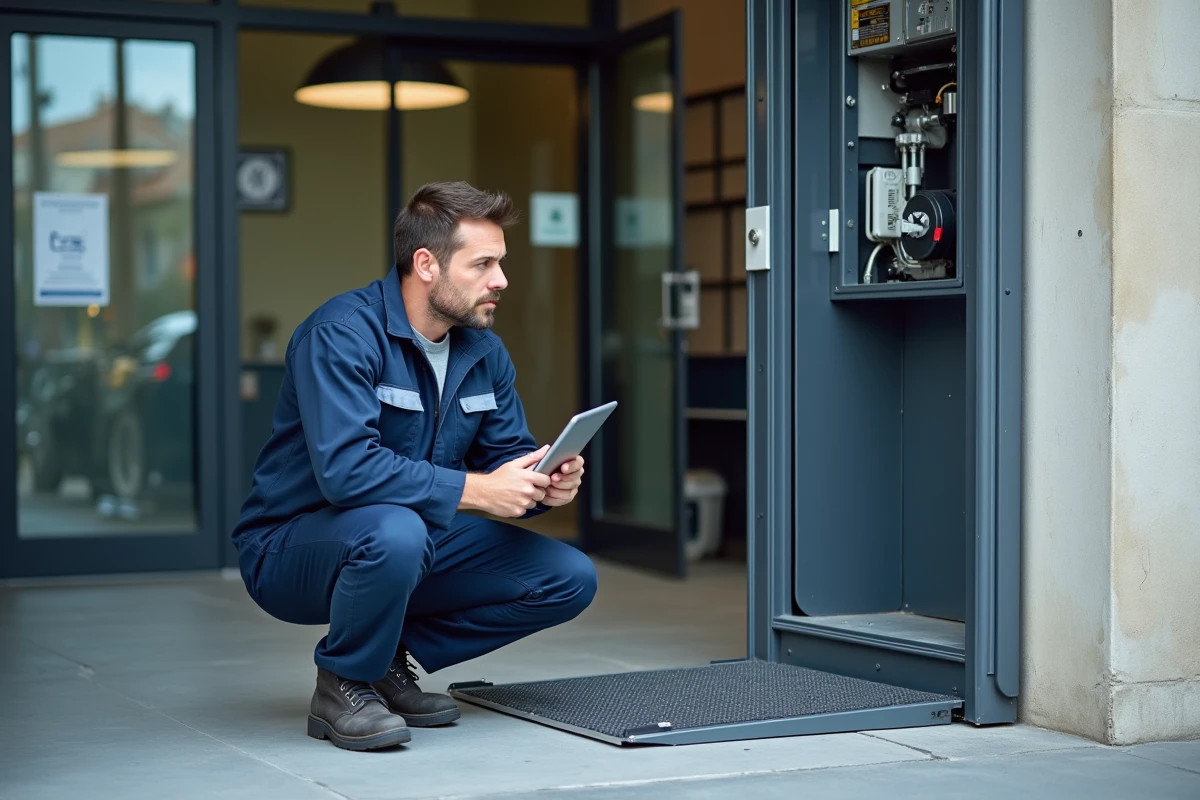 Technicien inspectant un élévateur PMR commercial à l'entrée d'un bâtiment public