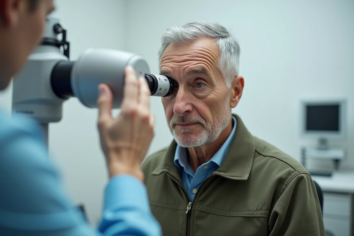Test de vision lors de la visite médicale pour le renouvellement du permis de conduire chez un conducteur de plus de 70 ans