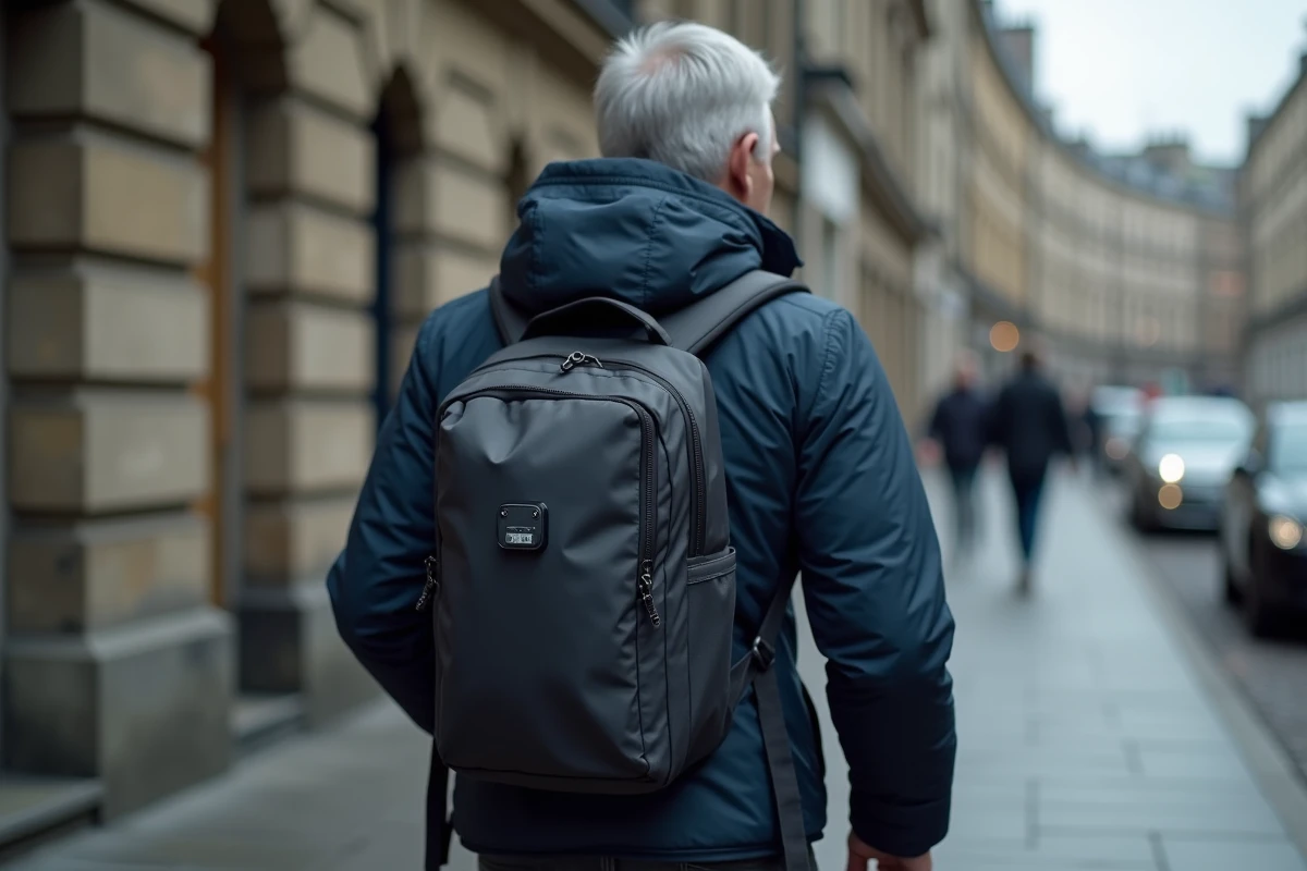 Homme senior portant un sac à dos avec traceur GPS discret attaché à la sangle dans une rue urbaine