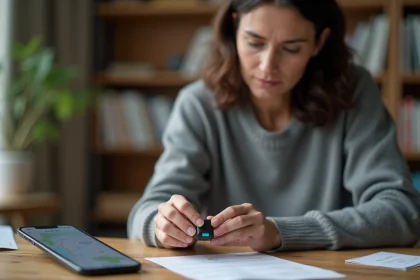 Femme examinant un traceur GPS compact sans abonnement posé sur un bureau en bois avec un smartphone affichant une carte