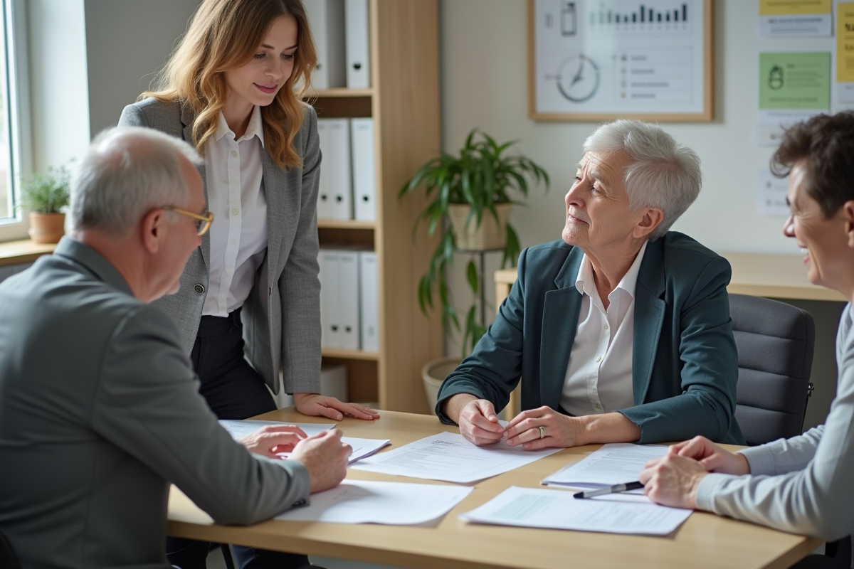 Travailleur social discutant avec un couple agee au bureau