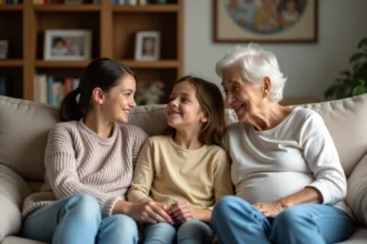 Trois générations de famille discutant dans un salon chaleureux
