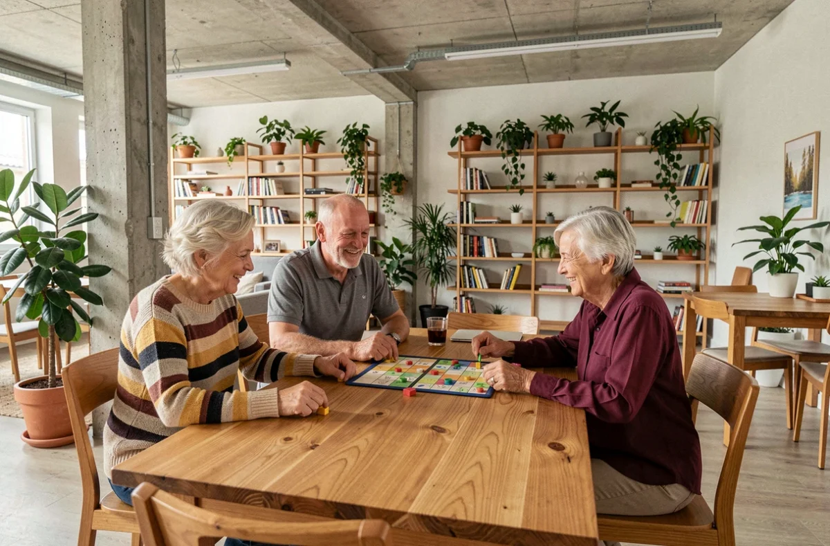 Résidents seniors jouant ensemble dans l'espace commun moderne de Umaniti Coliving à Narbonne