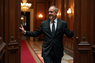 Homme en costume noir ouvre une porte en bois dans un hall de théâtre élégant