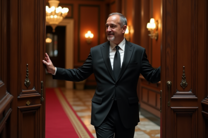 Homme en costume noir ouvre une porte en bois dans un hall de théâtre élégant