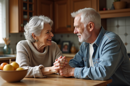 Une femme d'âge moyen et un homme âgé se tiennent la main dans la cuisine