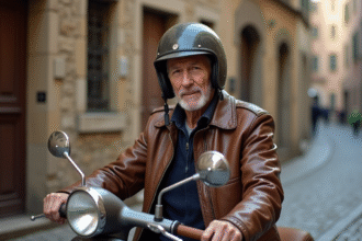 Homme âgé sur scooter vintage dans une ville ancienne